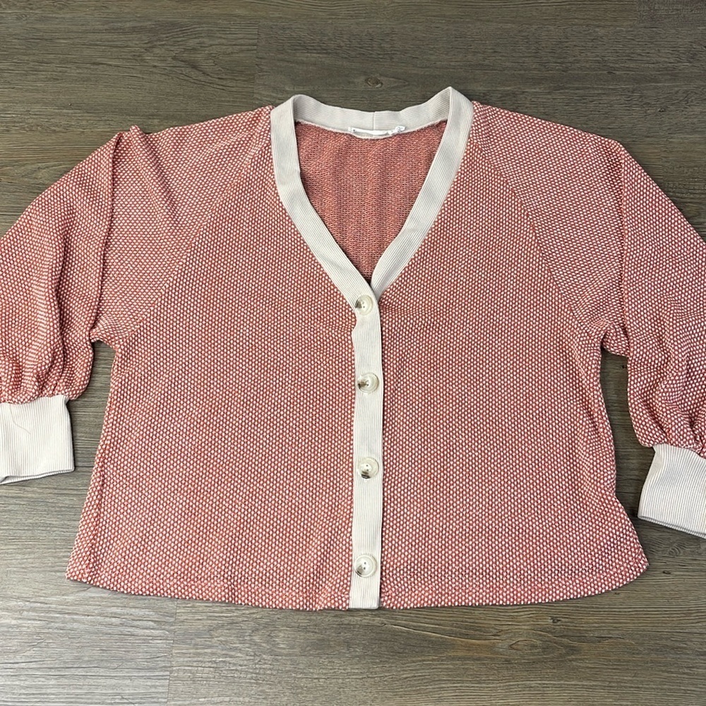 LUSH Women’s Orange/Salmon Cream V Neck Button Down Cardigan Sweater, size Small
